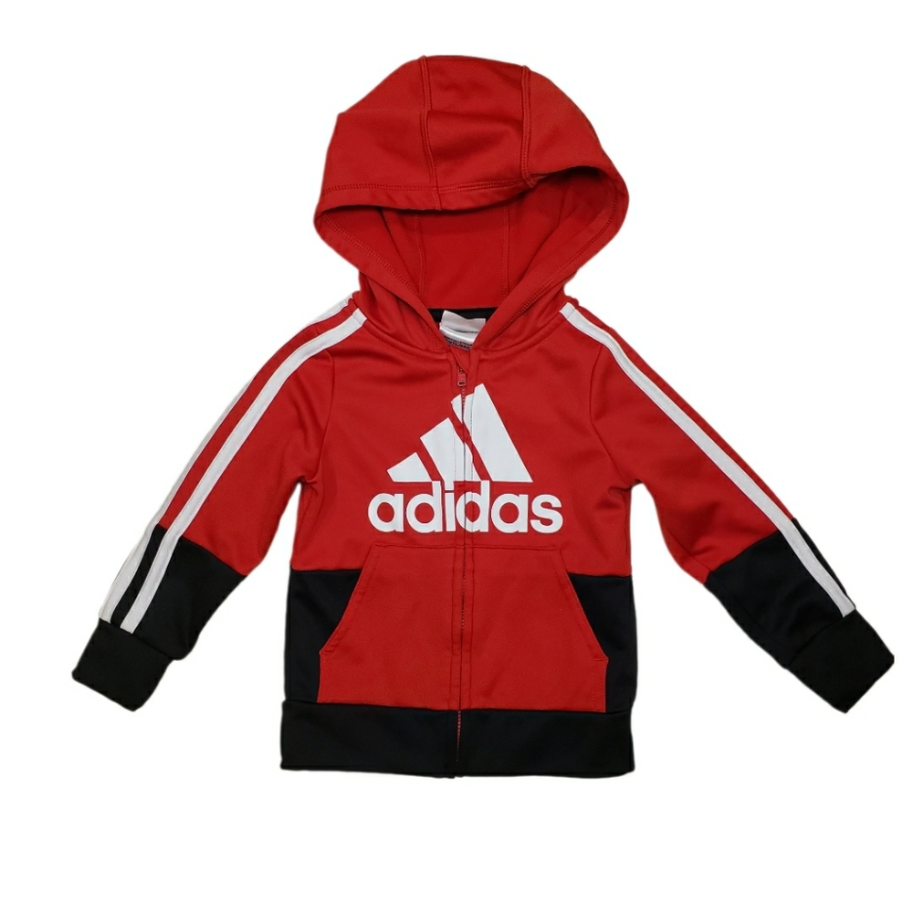 Adidas 2T Red White and Black Zip Up Hooded Sweatshirt Jacket